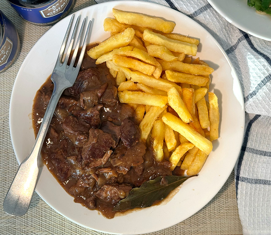 A plate of Flemish Beef Stew from above